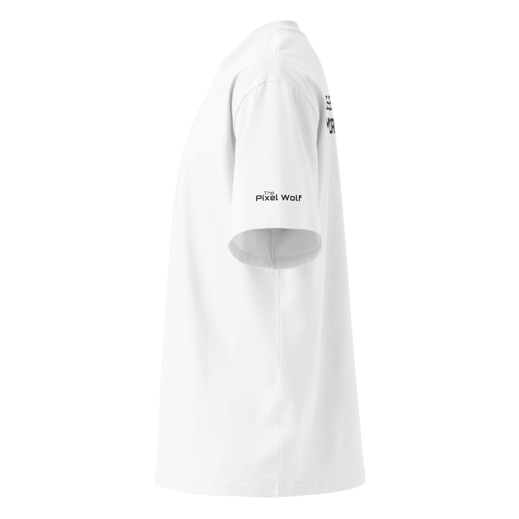 White oversized organic high neck t-shirt left side view with sleeve logo detail – The Pixel Wolf