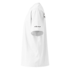 White oversized organic high neck t-shirt left side view with sleeve logo detail – The Pixel Wolf