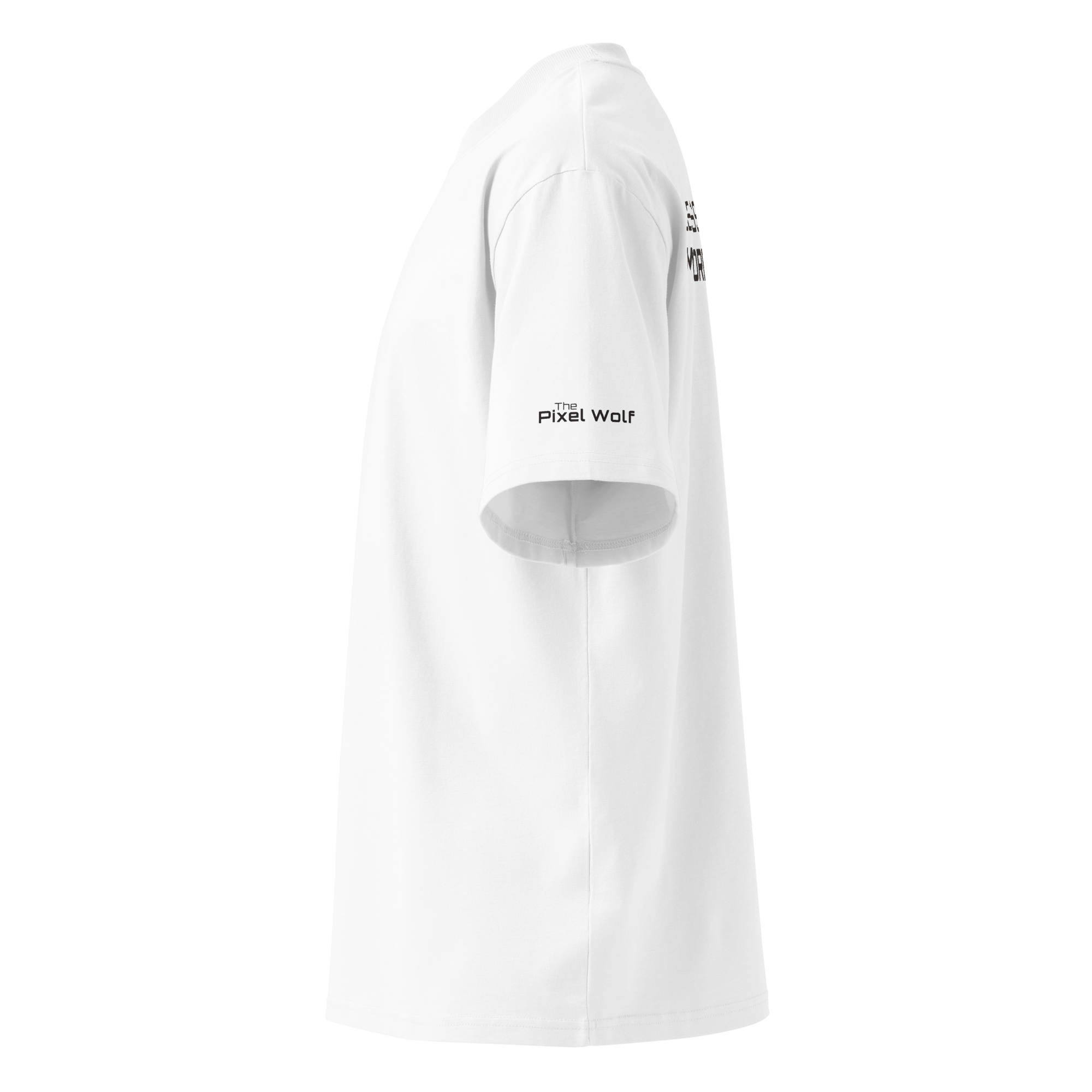 White oversized organic high neck t-shirt left side view with sleeve logo detail – The Pixel Wolf