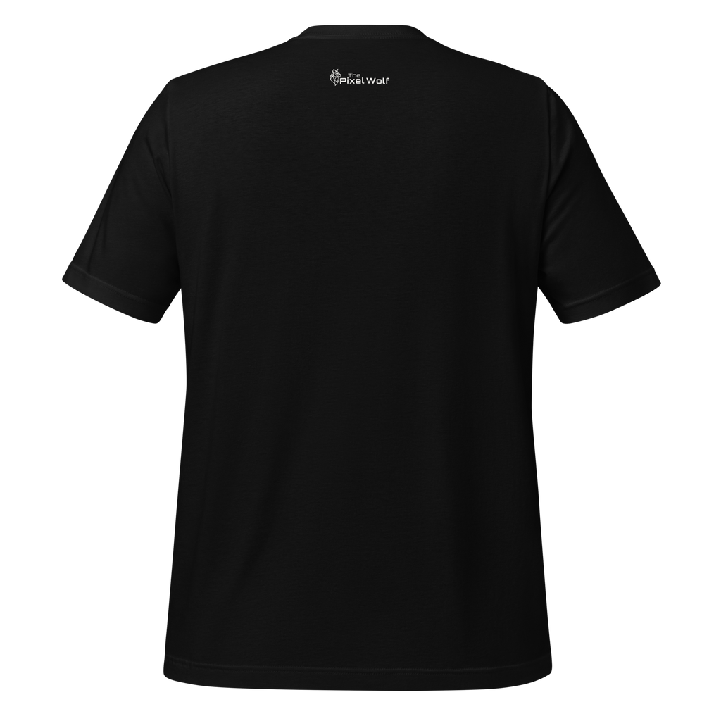 Black eco minimalist t-shirt back view with outside label logo – The Pixel Wolf