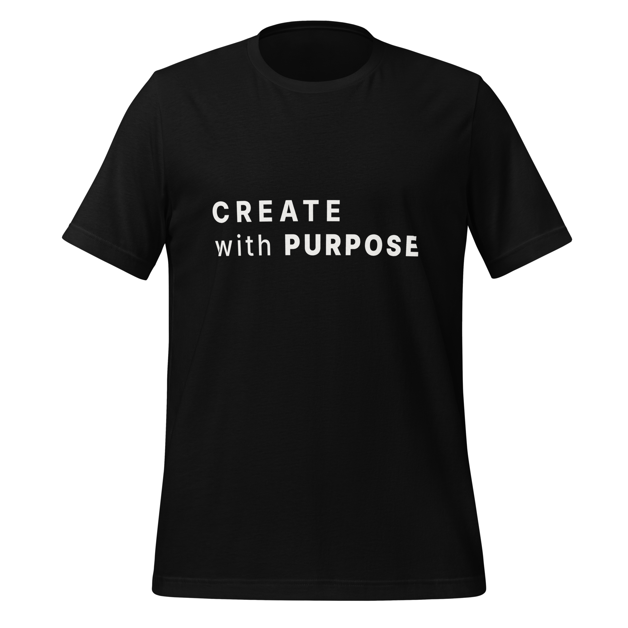 Black eco minimalist t-shirt front view with “CREATE with PURPOSE” print – The Pixel Wolf