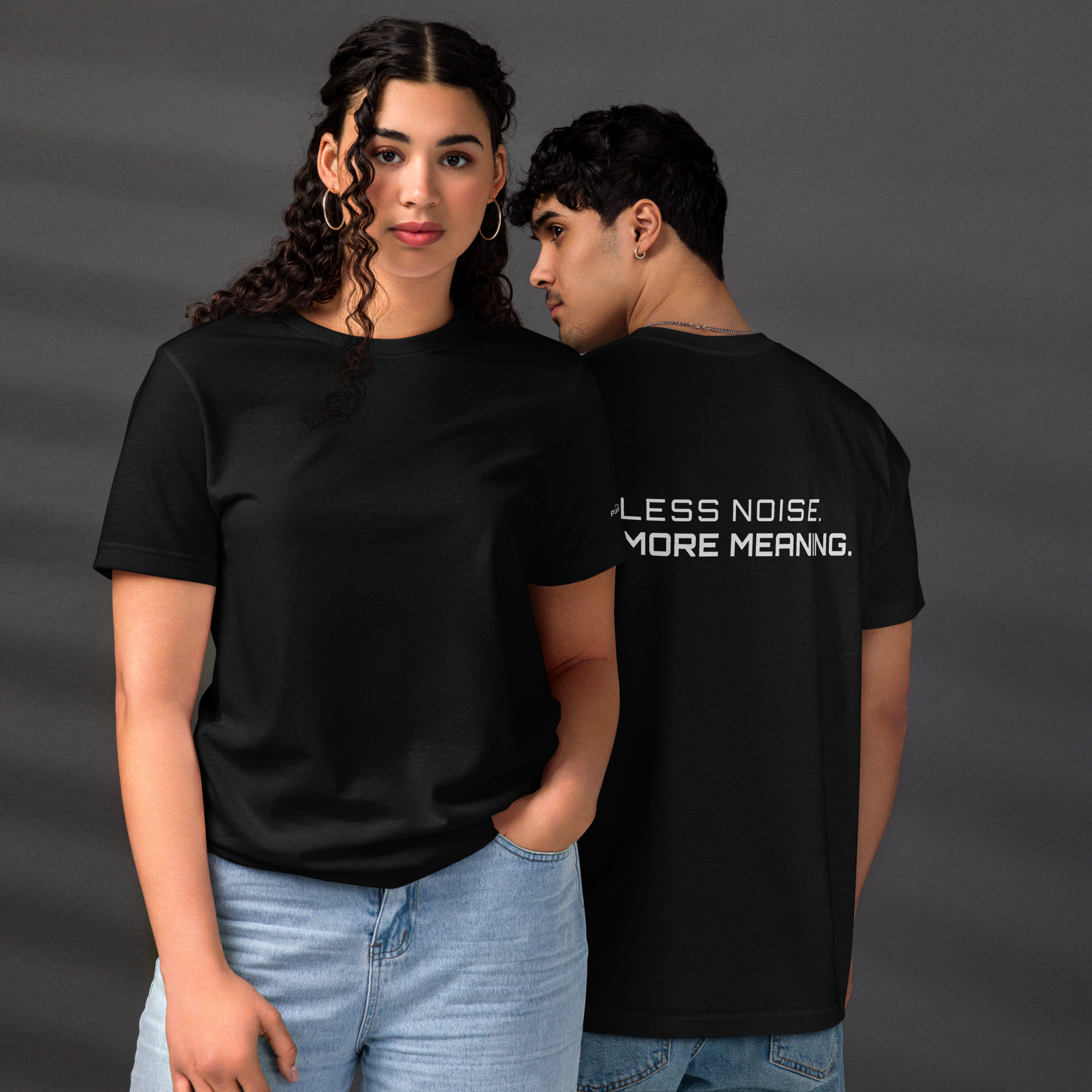 Black eco t-shirt lifestyle worn by models – The Pixel Wolf