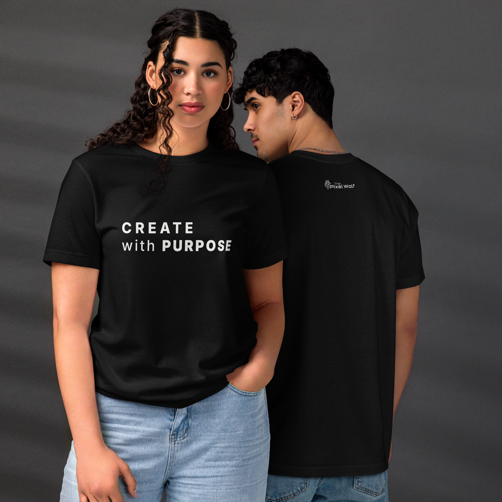 Black eco minimalist t-shirt lifestyle view worn by models – The Pixel Wolf