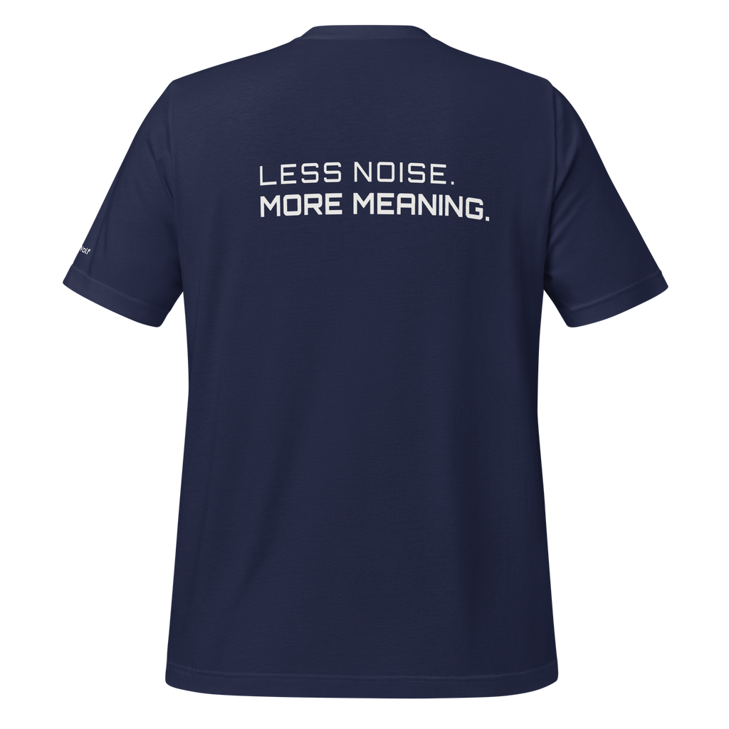 Navy eco t-shirt back view with “Less Noise More Meaning” slogan – The Pixel Wolf