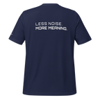 Navy eco t-shirt back view with “Less Noise More Meaning” slogan – The Pixel Wolf