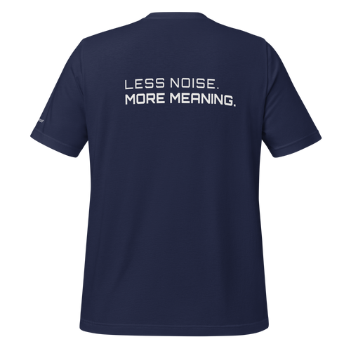 Navy eco t-shirt back view with “Less Noise More Meaning” slogan – The Pixel Wolf