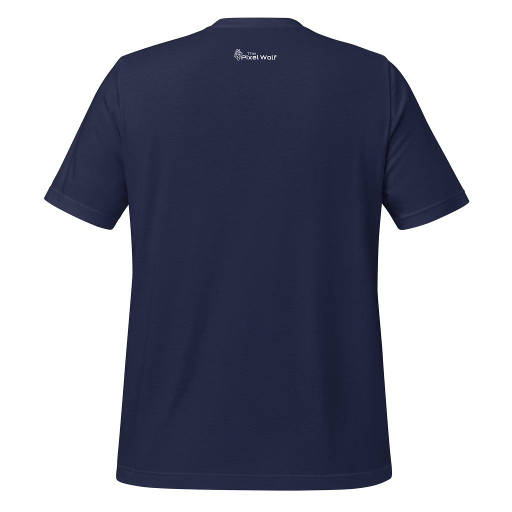 Navy eco minimalist t-shirt back view with outside label logo – The Pixel Wolf