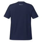 Navy eco minimalist t-shirt back view with outside label logo – The Pixel Wolf