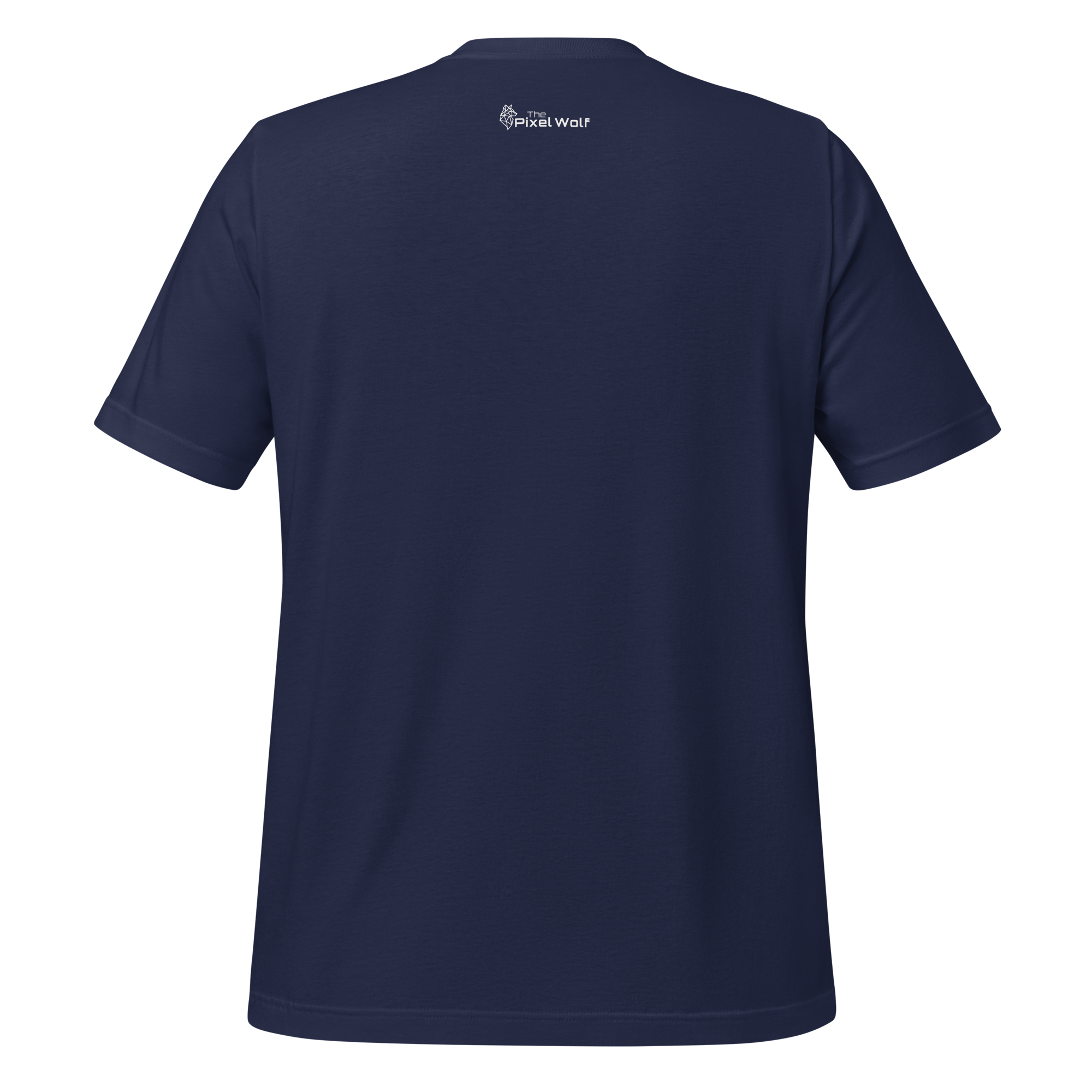 Navy eco minimalist t-shirt back view with outside label logo – The Pixel Wolf