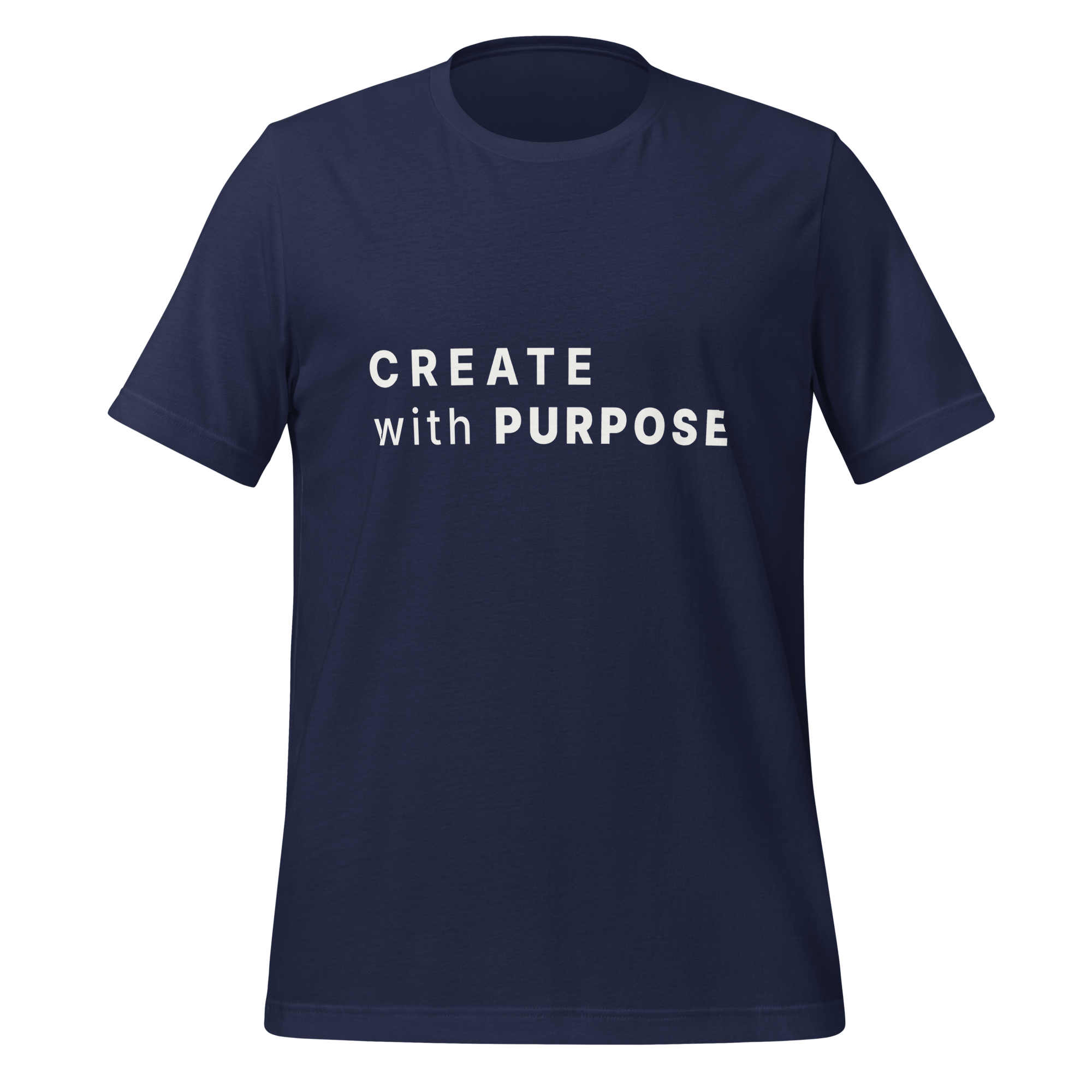 Navy eco minimalist t-shirt front view with “CREATE with PURPOSE” print – The Pixel Wolf