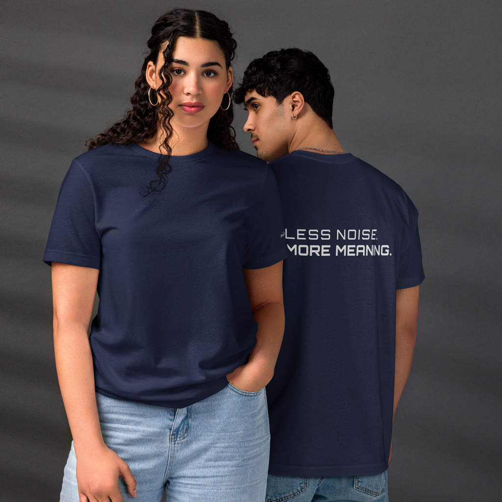 Navy eco t-shirt lifestyle worn by models – The Pixel Wolf