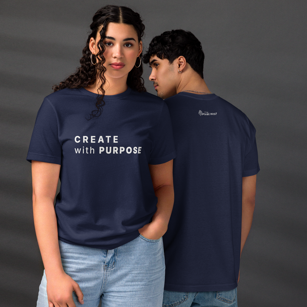 Navy eco minimalist t-shirt lifestyle view worn by models – The Pixel Wolf