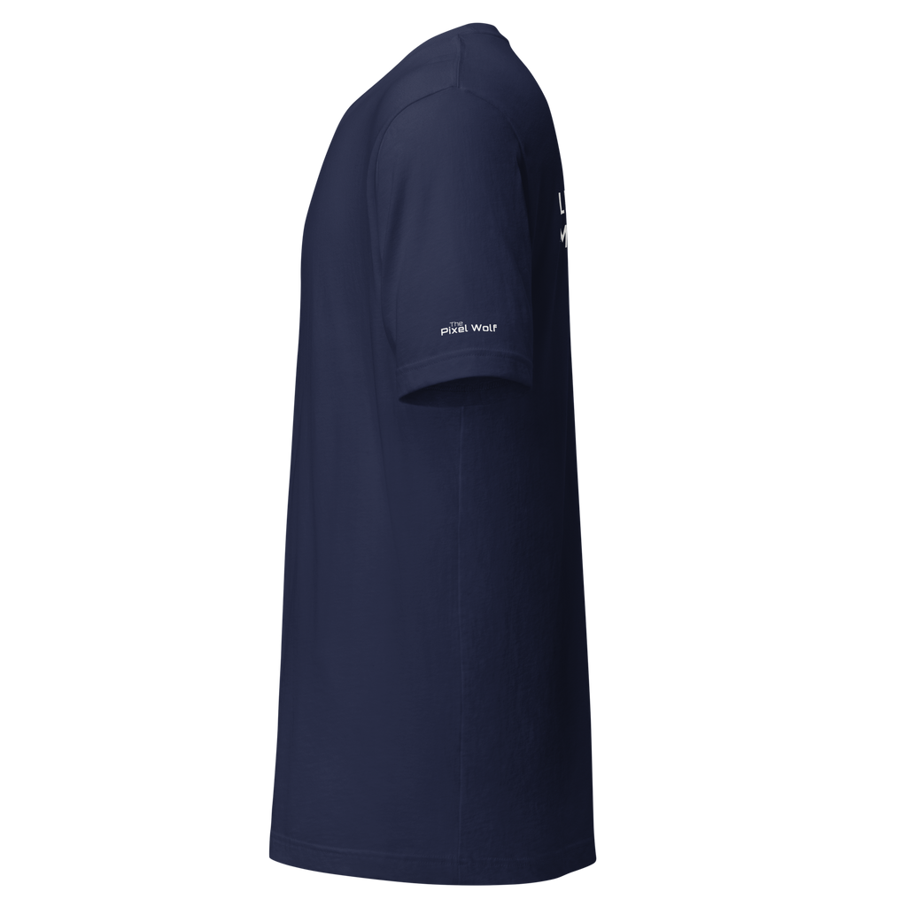 Navy eco t-shirt left side view – The Pixel Wolf