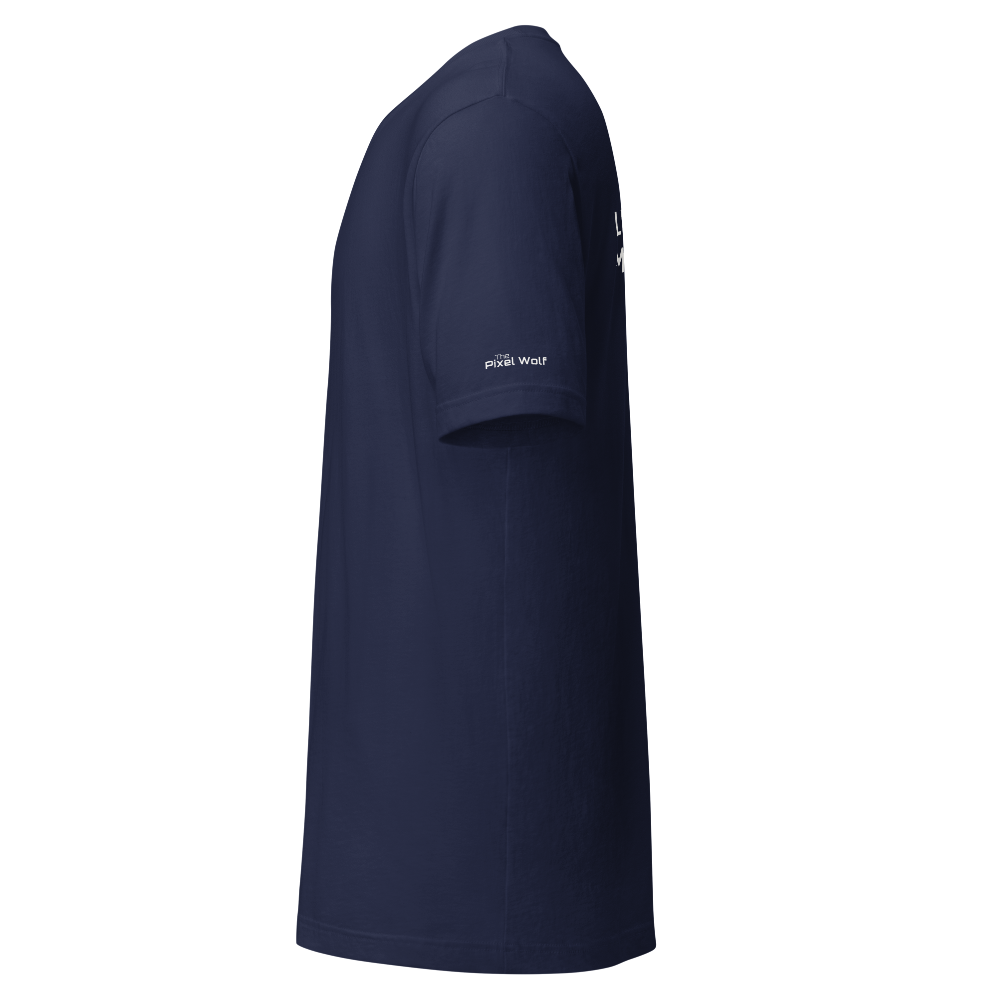 Navy eco t-shirt left side view – The Pixel Wolf
