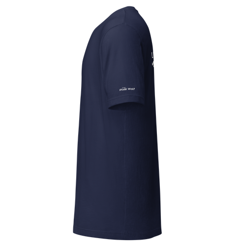 Navy eco t-shirt left side view – The Pixel Wolf