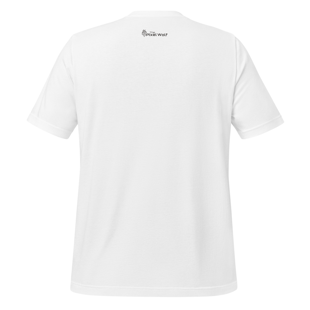 White eco minimalist t-shirt back view with outside label logo – The Pixel Wolf