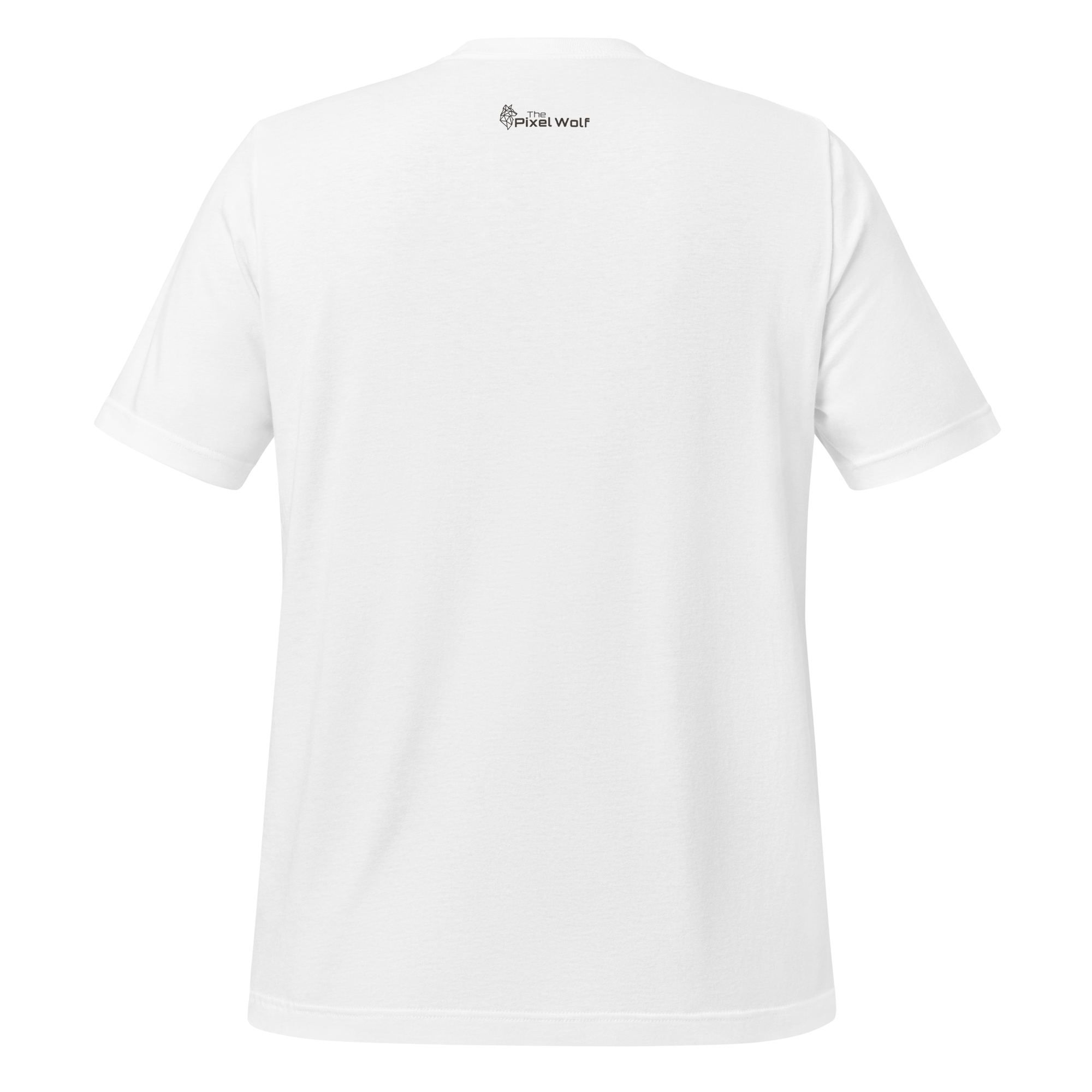 White eco minimalist t-shirt back view with outside label logo – The Pixel Wolf