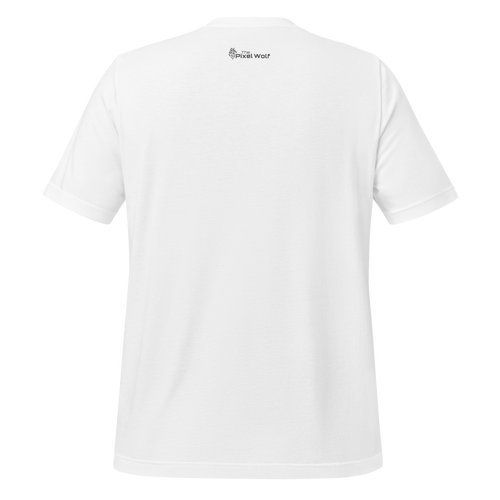 White eco minimalist t-shirt back view with outside label logo – The Pixel Wolf