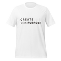 White eco minimalist t-shirt front view with “CREATE with PURPOSE” print – The Pixel Wolf