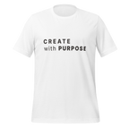 White eco minimalist t-shirt front view with “CREATE with PURPOSE” print – The Pixel Wolf