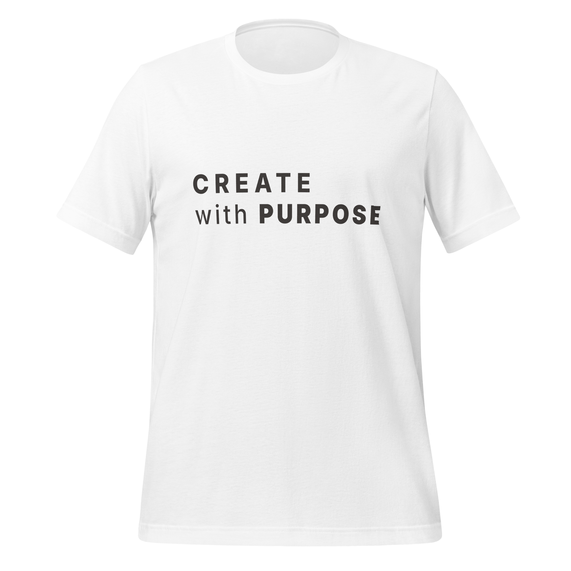 White eco minimalist t-shirt front view with “CREATE with PURPOSE” print – The Pixel Wolf