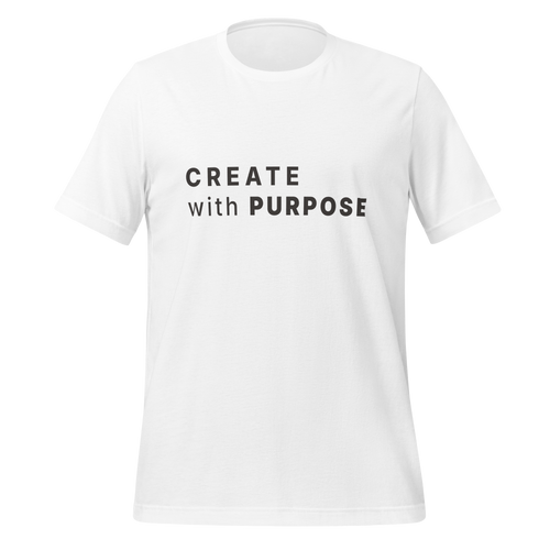 White eco minimalist t-shirt front view with “CREATE with PURPOSE” print – The Pixel Wolf