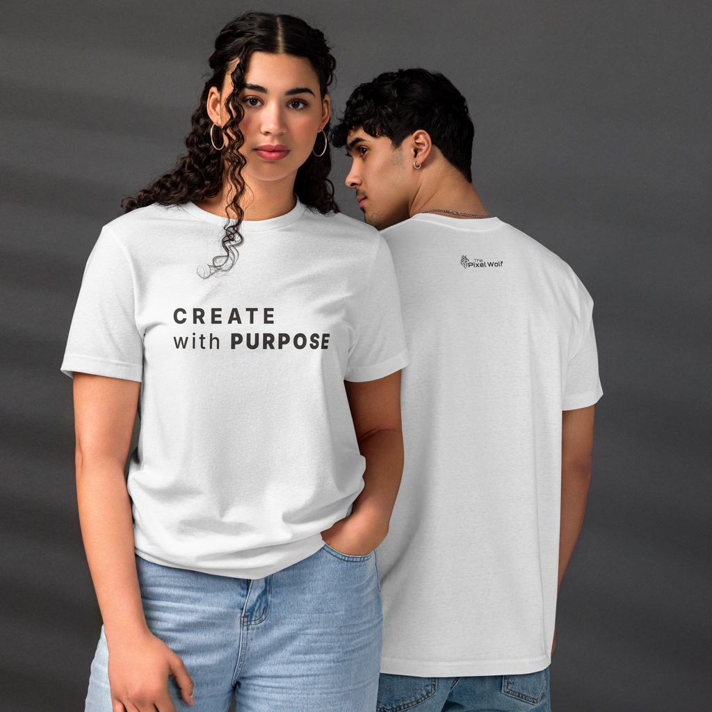 White eco minimalist t-shirt lifestyle view worn by models – The Pixel Wolf